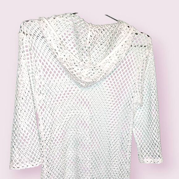 Alexa‎ & Stella Crochet Knit Coverup White Hoodie Pullover Mini Beachy Trendy - Picture 5 of 10